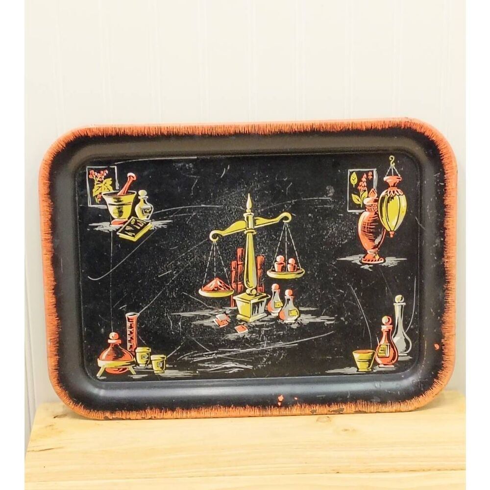 Vintage metal tray, apothecary, bright colors. Measurements in photos
